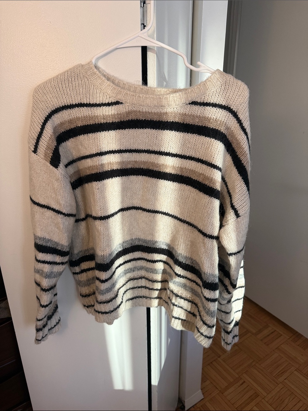 Z Supply Cream and Black Striped Crew Neck Sweater